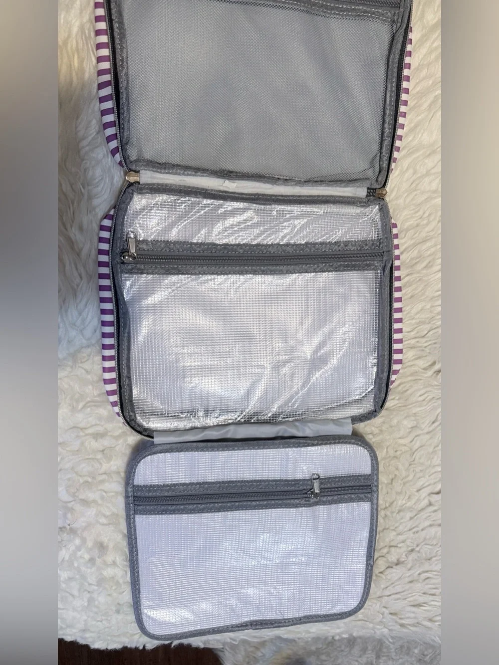 Purple & White Striped Cosmetic Travel Case with Top Handle